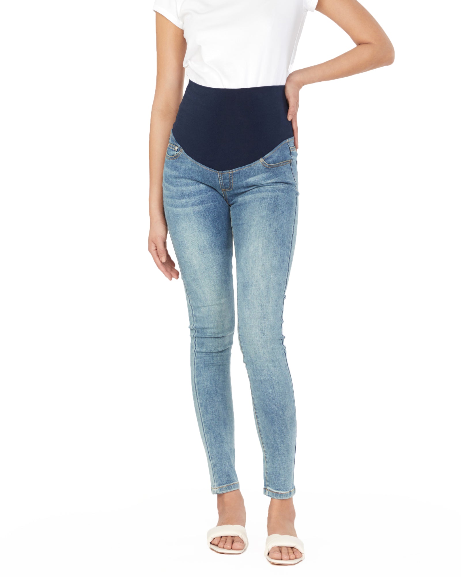 Spring Belly Support Denim Skinny Trousers for Pregnant Women (Color:Denim  Blue Size:L)
